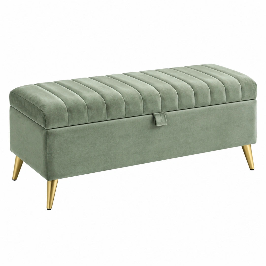 Banc coffre 100 cm en velours vert pieds dorés style contemporain