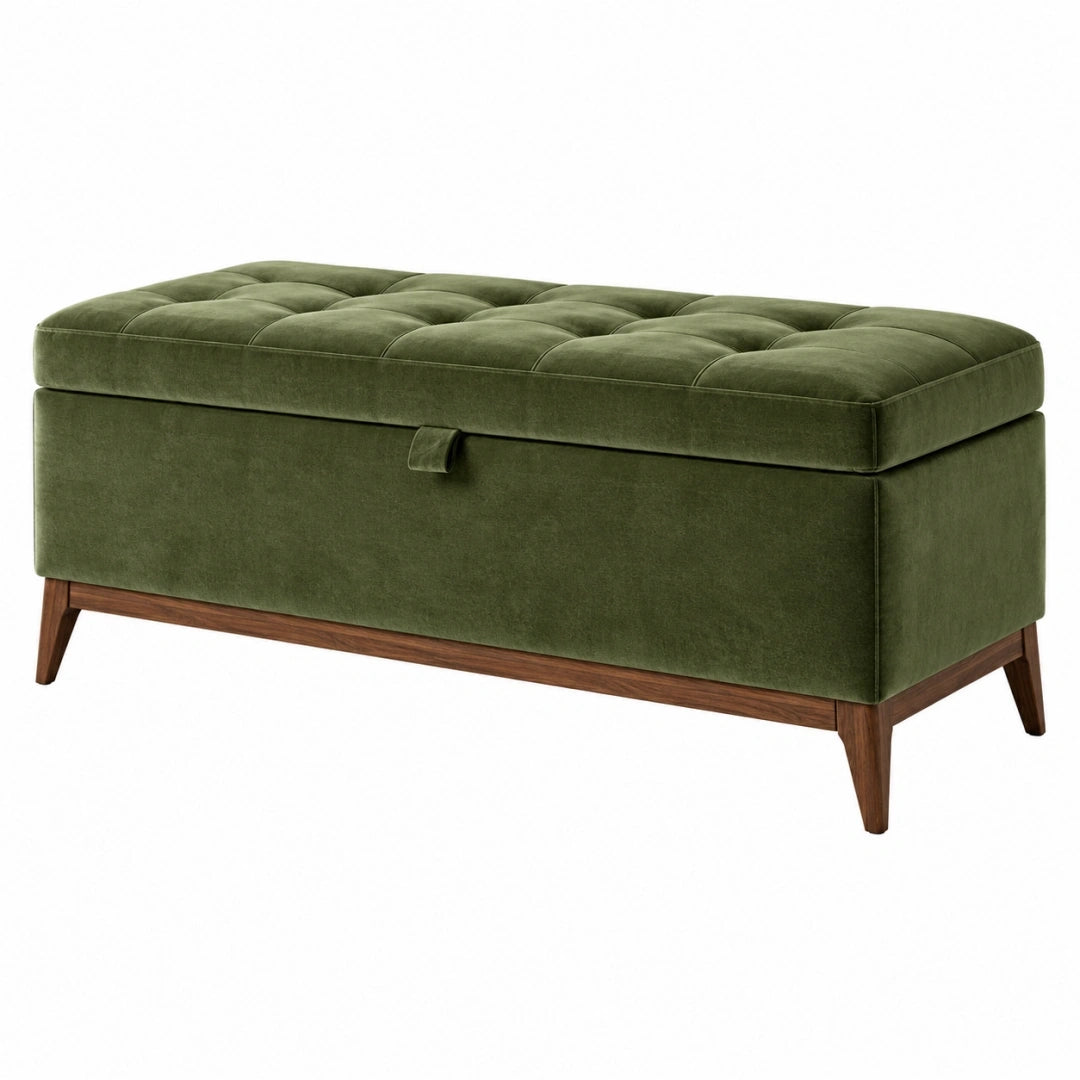 Banc coffre 110 x 45 x 50 cm en velours vert avec rangement style capitonné