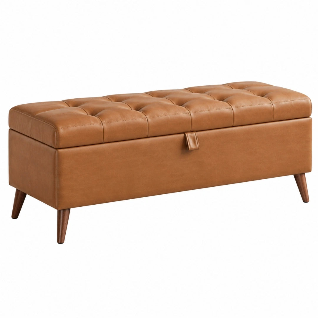 Banc coffre 120 x 45 x 45 cm marron aspect cuir capitonné style vintage