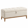 Banquette coffre 120 x 45 x 48 cm en tissu bouclette écru avec pieds en bois style contemporain