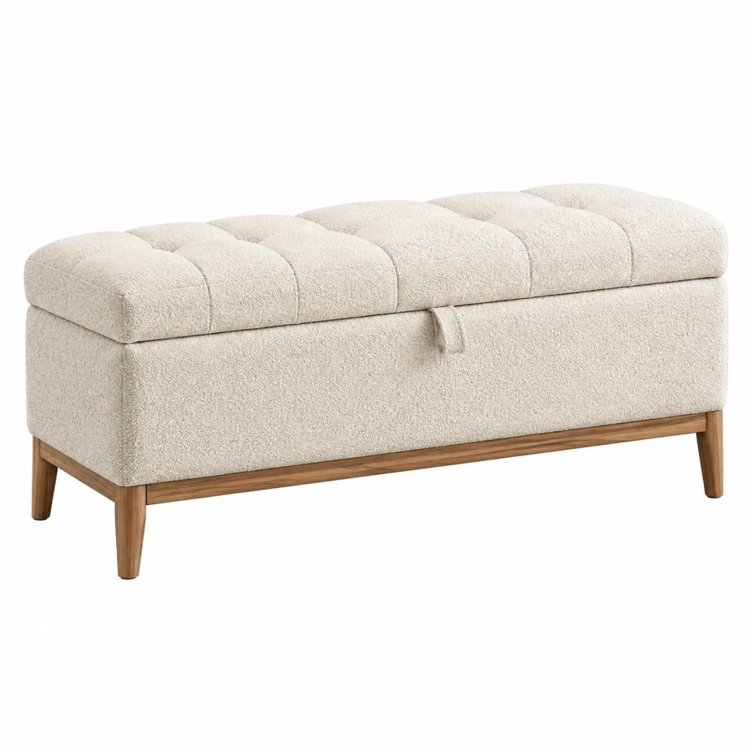 Banquette coffre 120 x 45 x 48 cm en tissu bouclette écru avec pieds en bois style contemporain