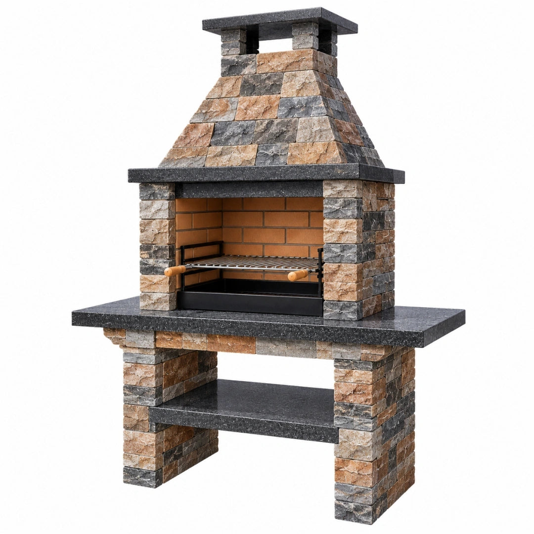 Barbecue de jardin 120 x 70 x 210 cm en pierre multicolore avec grille métallique