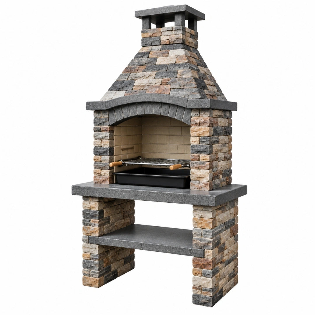 Barbecue de jardin 120 x 70 x 220 cm en pierre gris beige avec grille de cuisson
