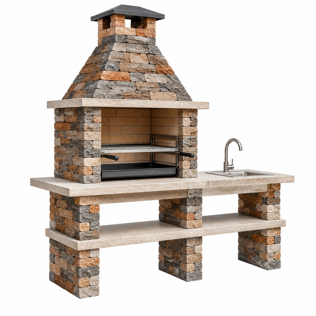 Cuisine extérieure barbecue en pierre 200 x 70 x 220 cm avec évier style rustique