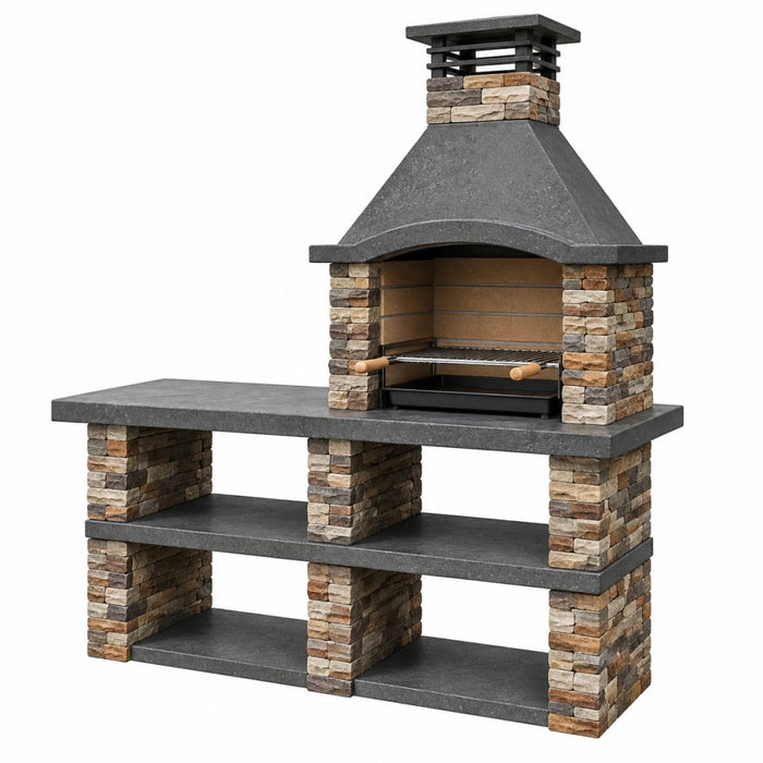 Barbecue de jardin 180 x 70 x 220 cm en béton gris et pierre avec cheminée et plan de travail