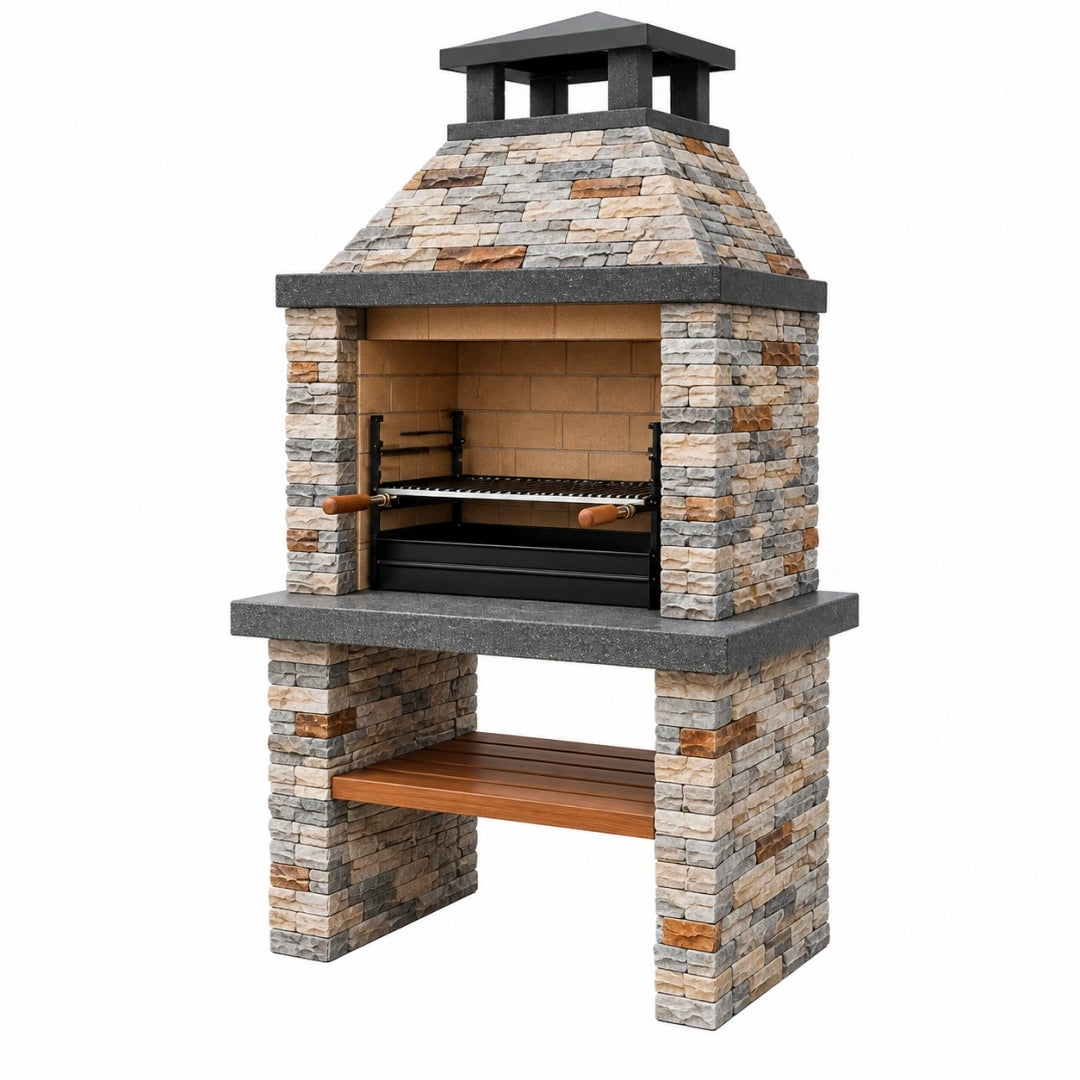 Barbecue fixe 120 x 70 x 220 cm en pierre et acier gris beige pour jardin style rustique