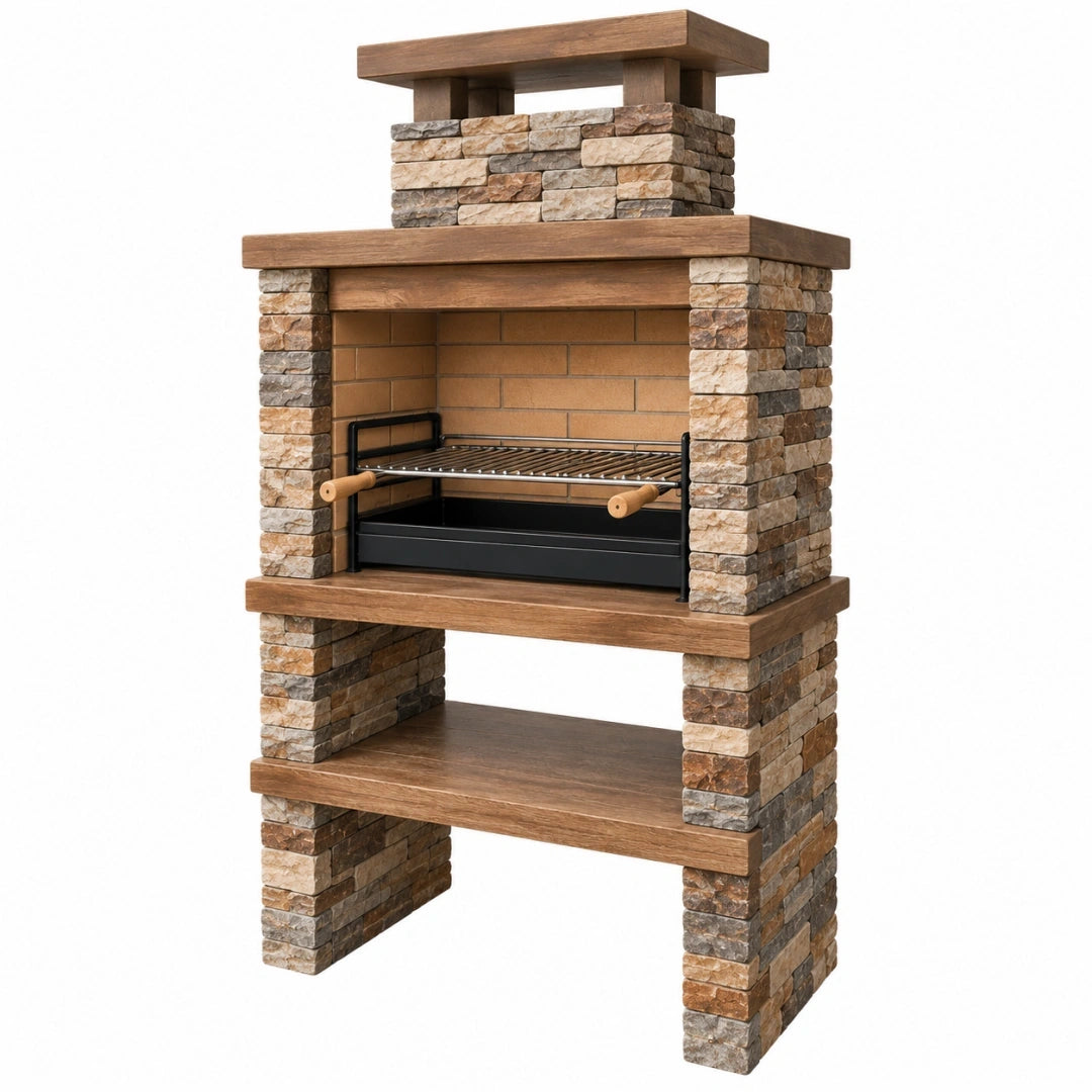 Barbecue de jardin 100 x 60 x 210 cm pierre bois marron avec grille de cuisson style rustique