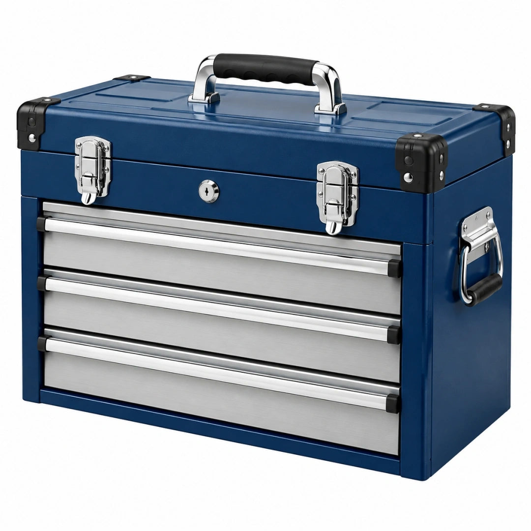 Coffre à outils 50 x 25 x 30 cm en acier bleu avec tiroirs et poignée de transport
