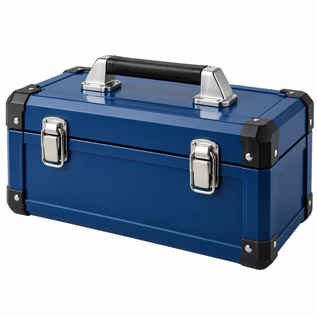Mallette de rangement 45 x 25 x 22 cm en métal bleu rigide avec poignée