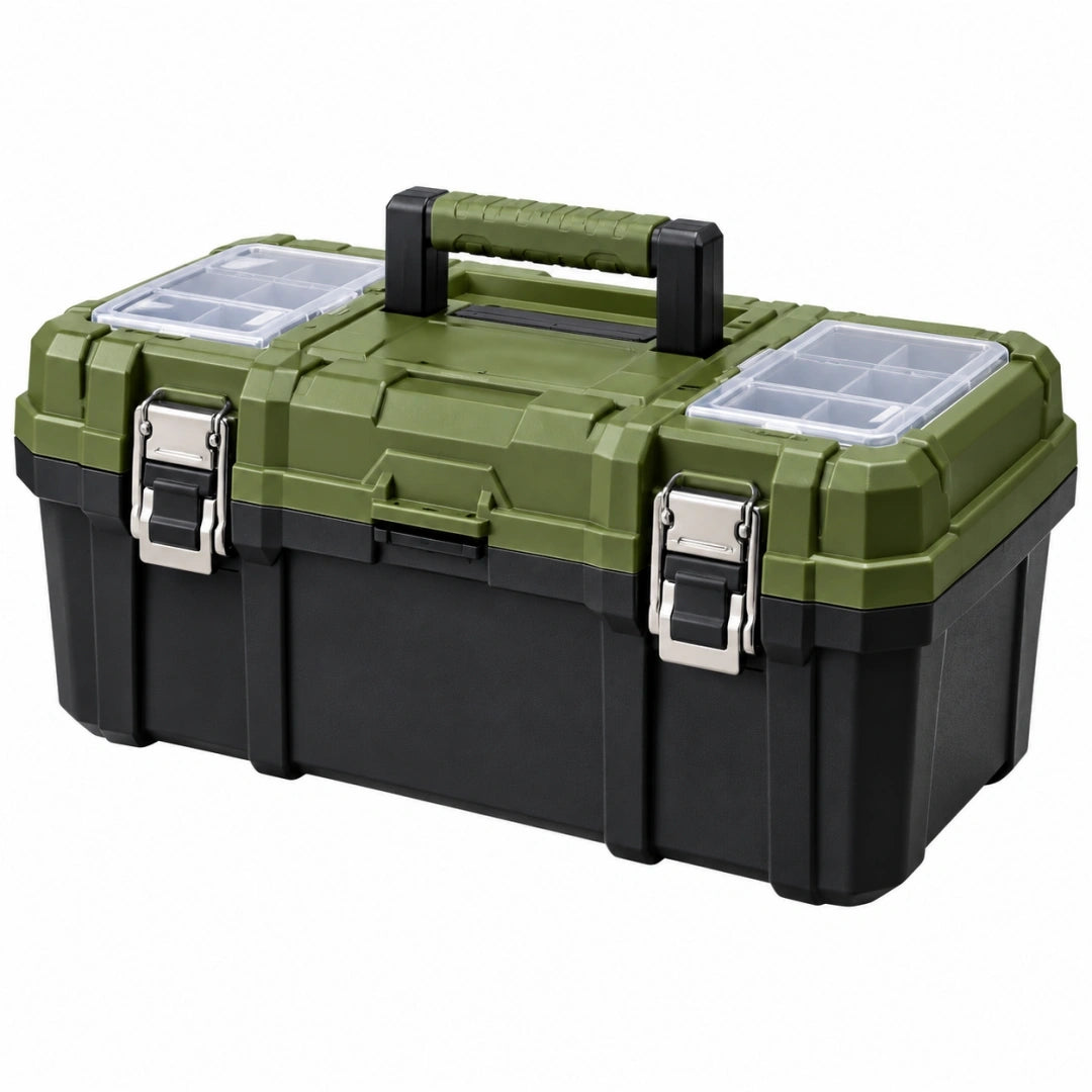 Boîte à outils 48 x 25 x 24 cm en plastique vert et noir avec organisateurs et poignée