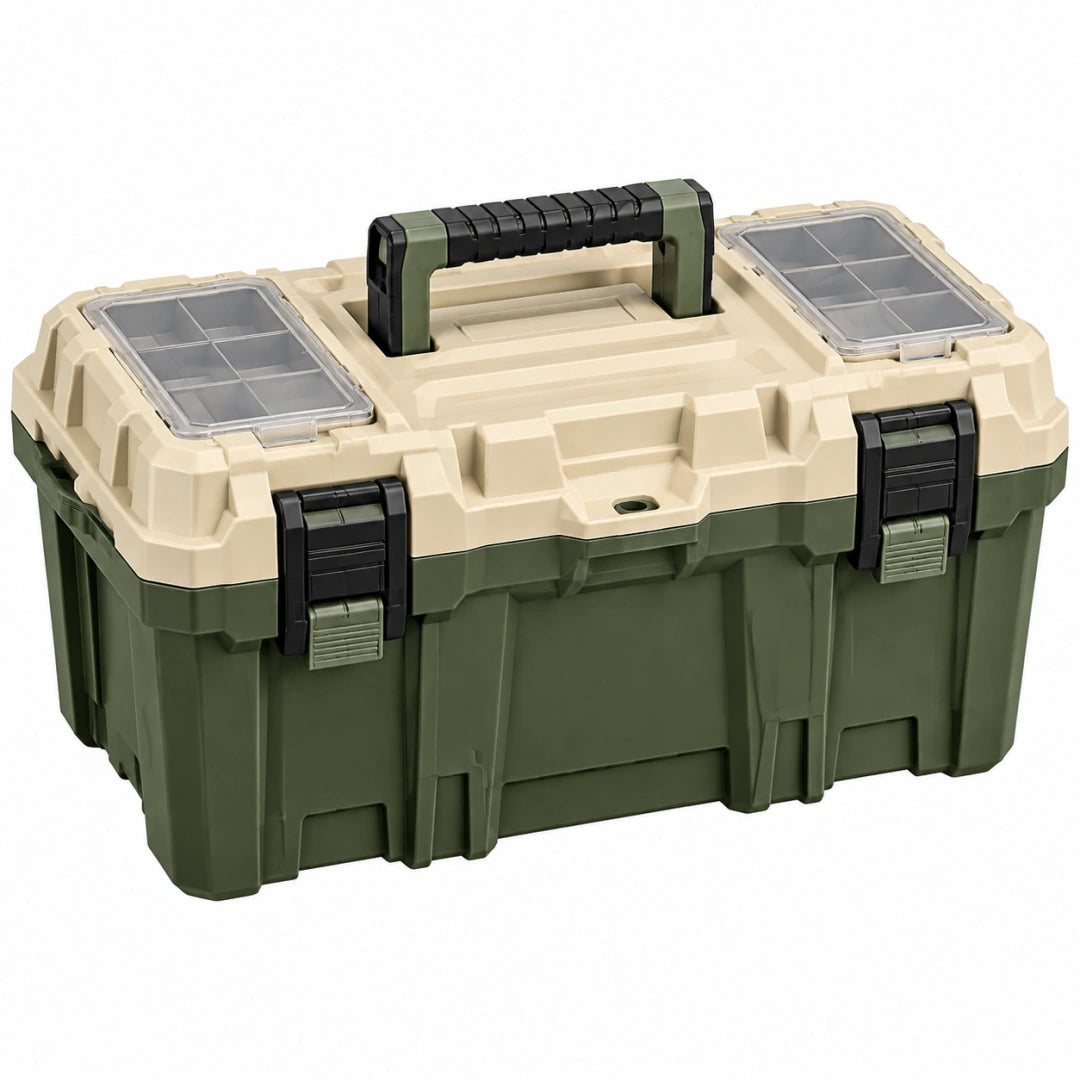 Coffre à outils 50 cm 30 cm 28 cm en plastique vert kaki et beige avec poignée et compartiments