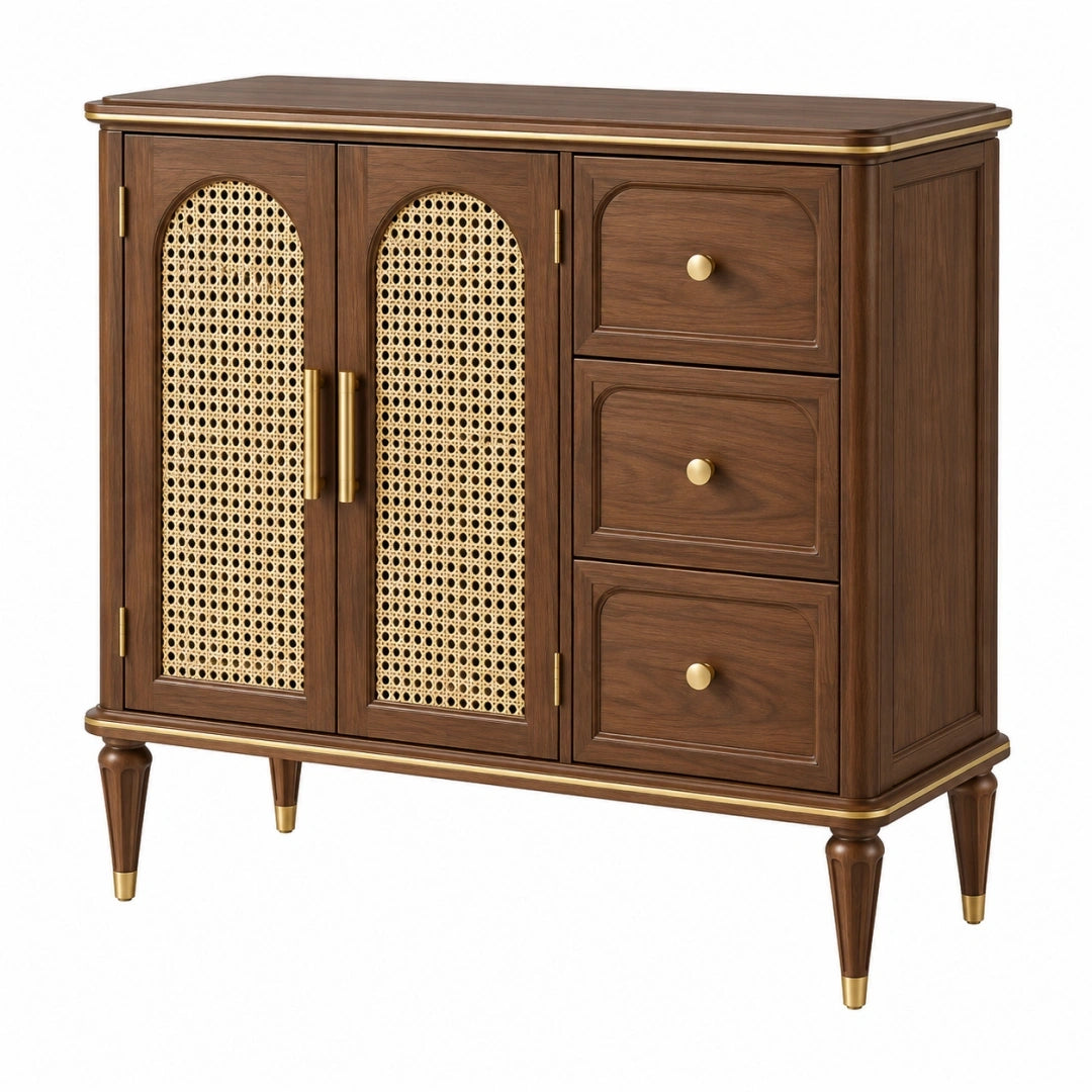 Buffet 120 x 40 x 100 cm en bois marron avec cannage beige et tiroirs style vintage