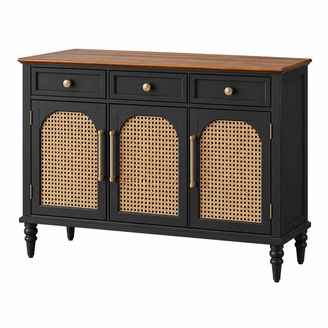 Buffet 150 x 45 x 90 cm en bois noir et brun avec portes en cannage style rétro