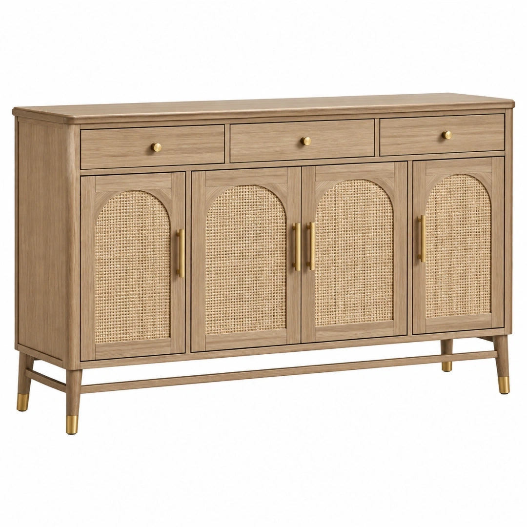 Buffet 160 x 45 x 90 cm en bois beige avec cannage style bohème