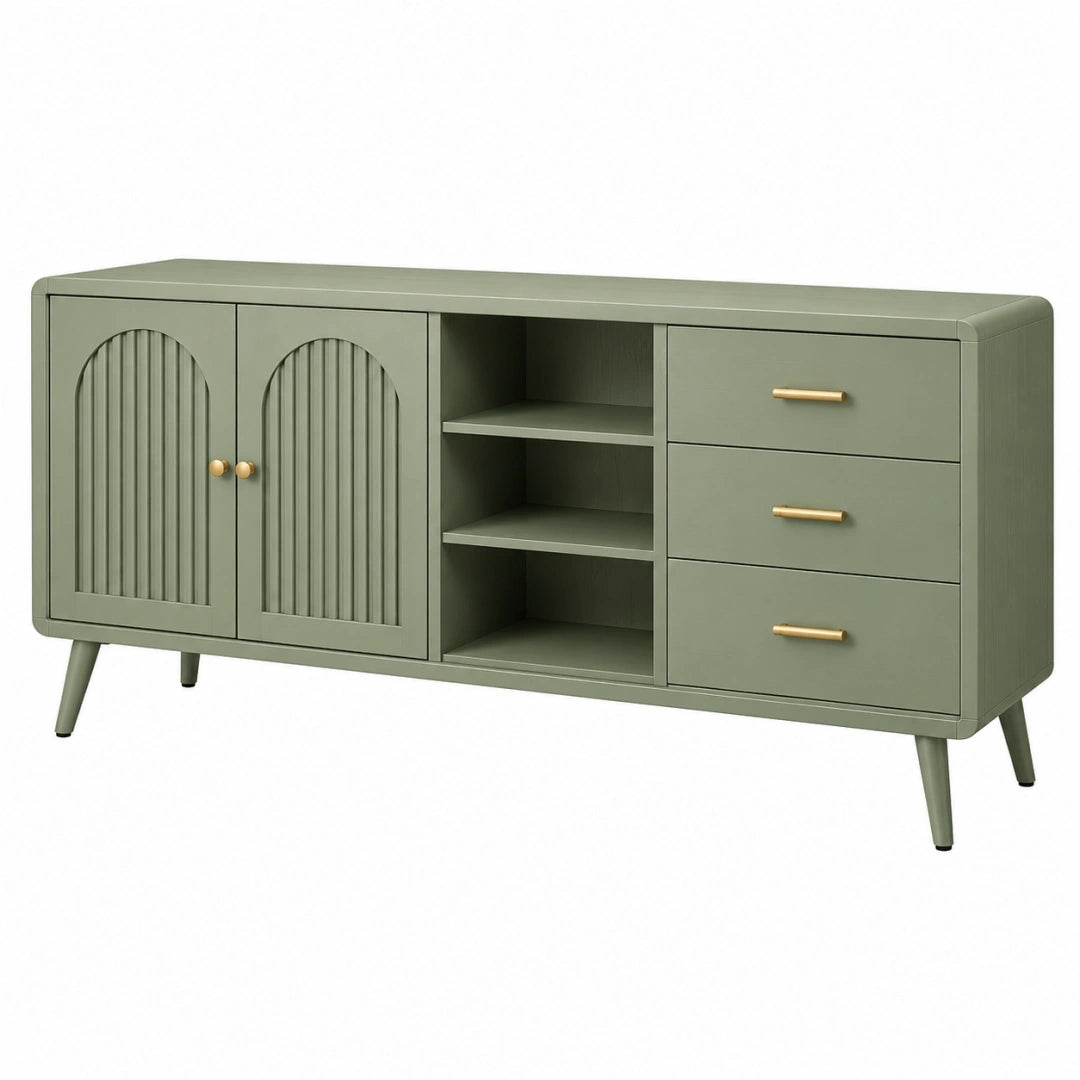 Buffet 160 x 40 x 80 cm en panneaux de bois vert sauge avec 3 tiroirs style rétro