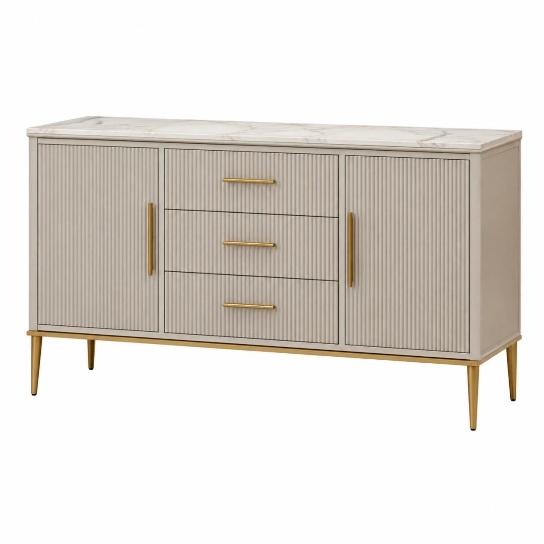 Buffet 160 x 40 x 85 cm en panneaux de bois beige et doré à 2 portes et 3 tiroirs style moderne