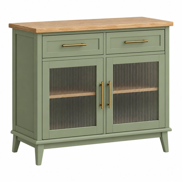 Buffet de rangement 100 x 40 x 90 cm en bois vert avec plateau naturel et portes en verre strié
