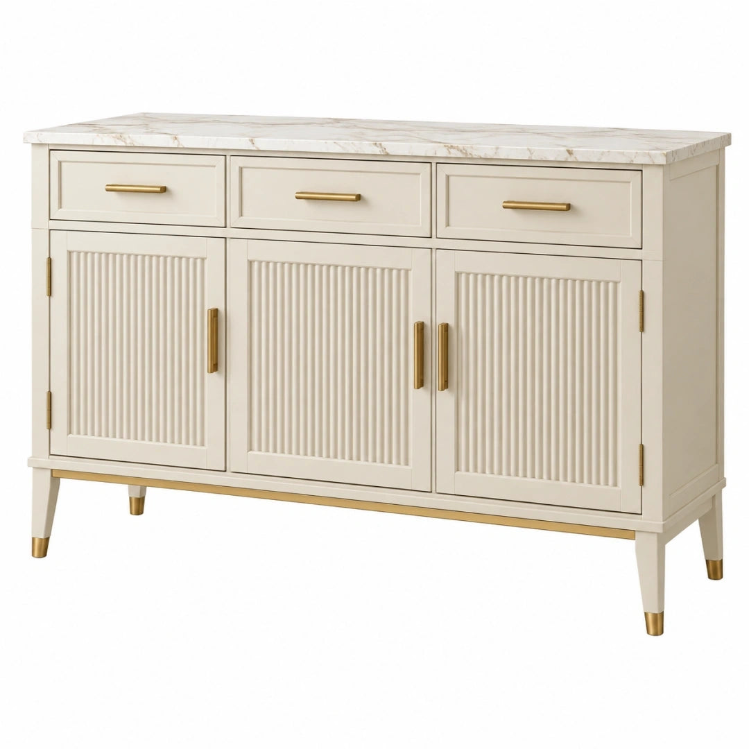 Buffet 150 x 45 x 90 cm en bois crème avec plateau effet marbre style contemporain