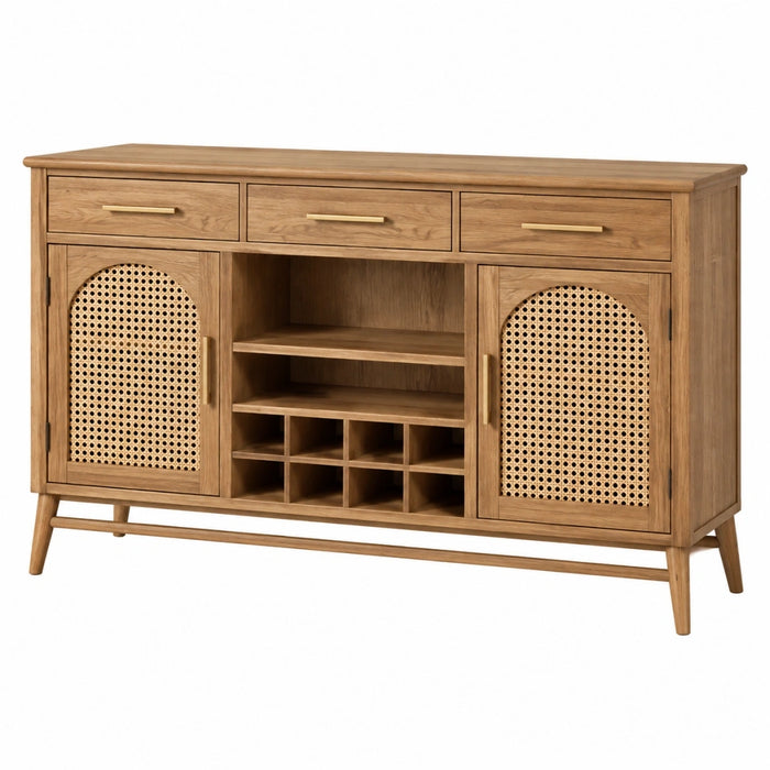 Buffet 160 x 40 x 90 cm en bois marron avec cannage et rangement style rétro