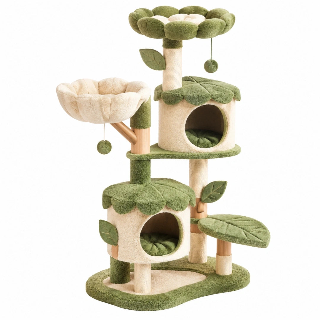 Arbre à chat 60 x 50 x 150 cm vert et beige en peluche avec griffoirs et niches