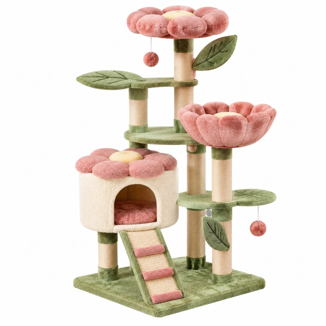 Arbre à chat 60 x 50 x 135 cm en sisal et peluche vert rose avec niches et plateformes florales