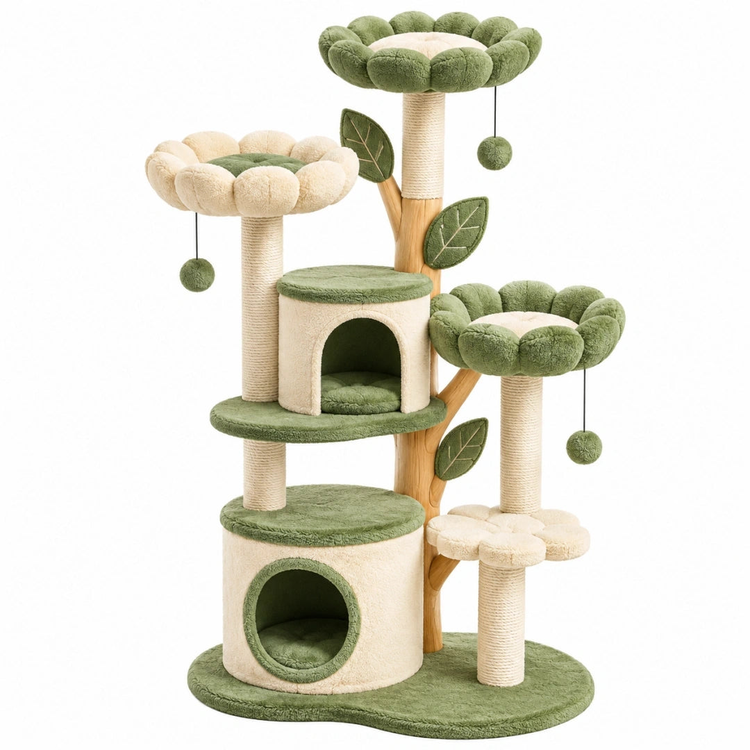 Arbre à chat 80 x 60 x 160 cm vert crème en peluche avec griffoirs et plateformes fleuries