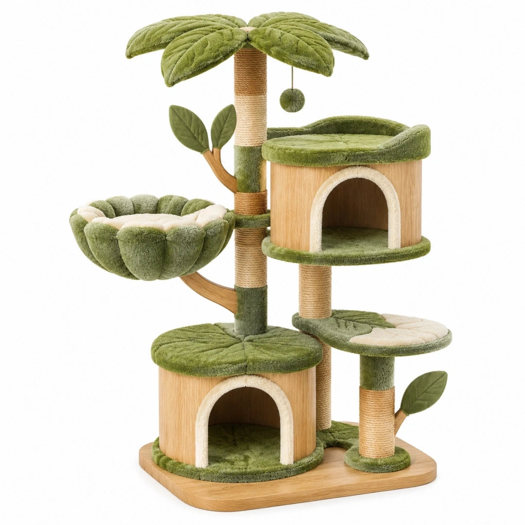 Arbre à chat 60 x 50 x 145 cm en bois et sisal vert style palmier avec niches et griffoirs
