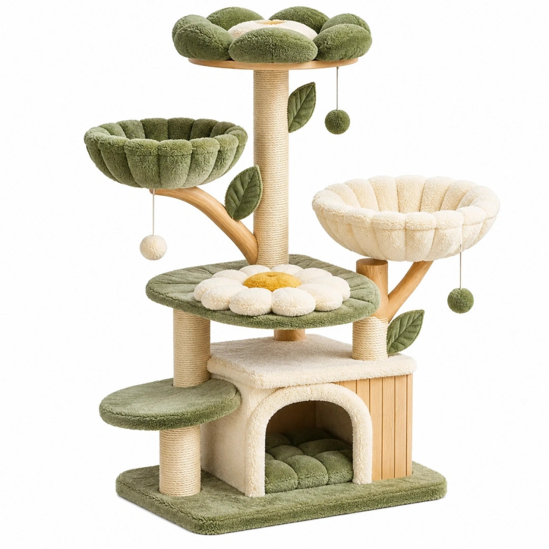 Arbre à chat 60 x 50 x 140 cm en bois vert et crème avec griffoirs et niches