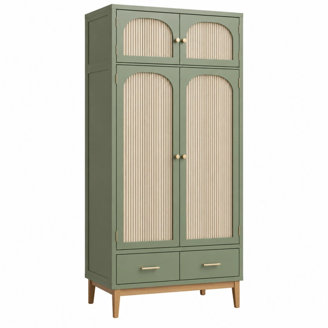 Armoire de rangement 90 x 45 x 180 cm vert sauge en bois style rétro avec portes striées