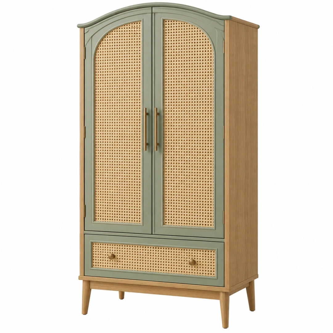 Armoire 100 x 50 x 190 cm en bois vert et naturel avec cannage style vintage