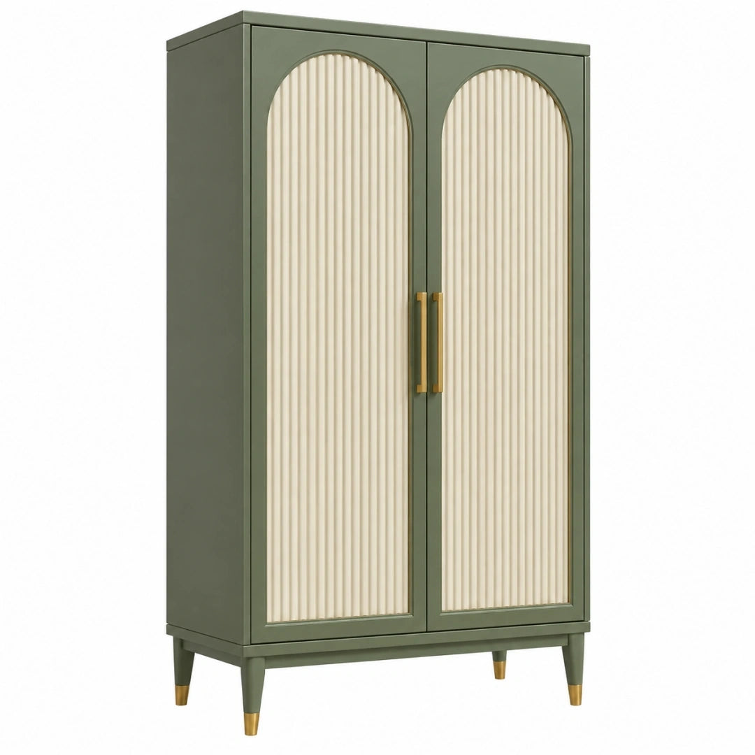 Armoire 90 x 45 x 180 cm en bois vert olive et crème à portes striées style contemporain