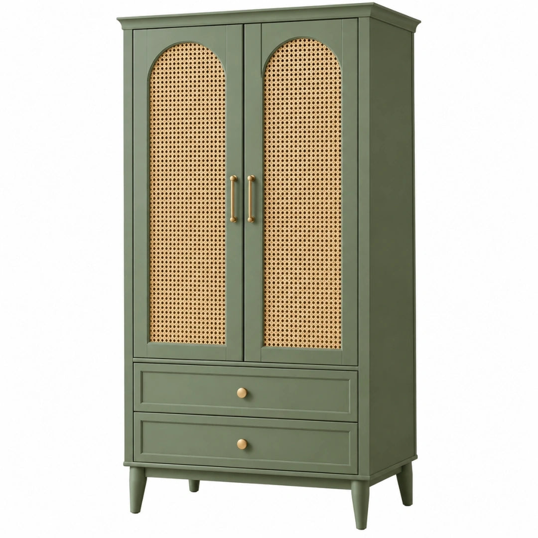 Armoire de rangement 90 x 45 x 180 cm en bois vert avec cannage style vintage