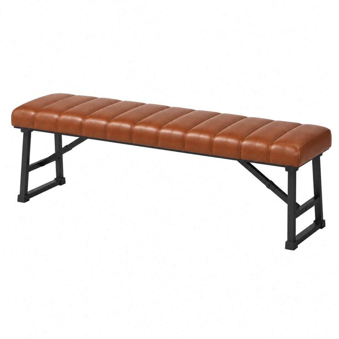 Banc 150 x 35 x 45 cm en revêtement aspect cuir marron et acier noir style industriel
