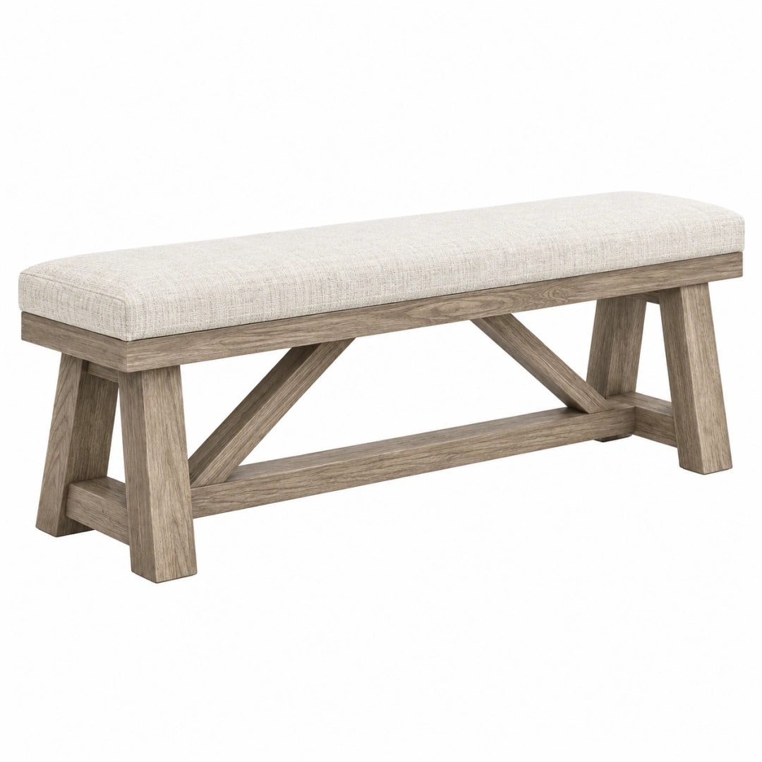 Banc rembourré 120 x 40 x 46 cm en bois et tissu beige style rustique