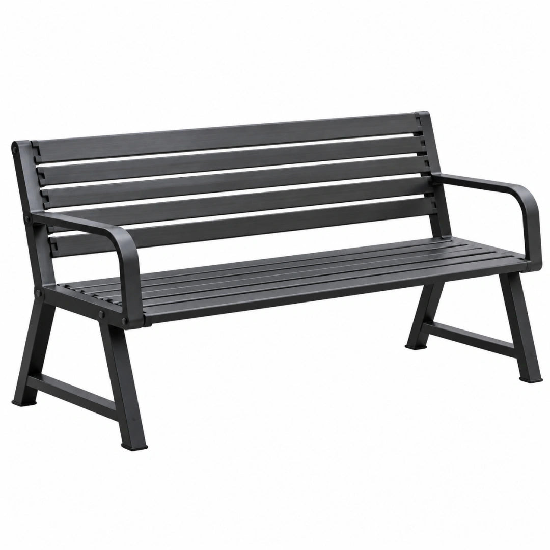 Banc de jardin 120 x 60 x 85 cm en métal noir à lattes avec accoudoirs