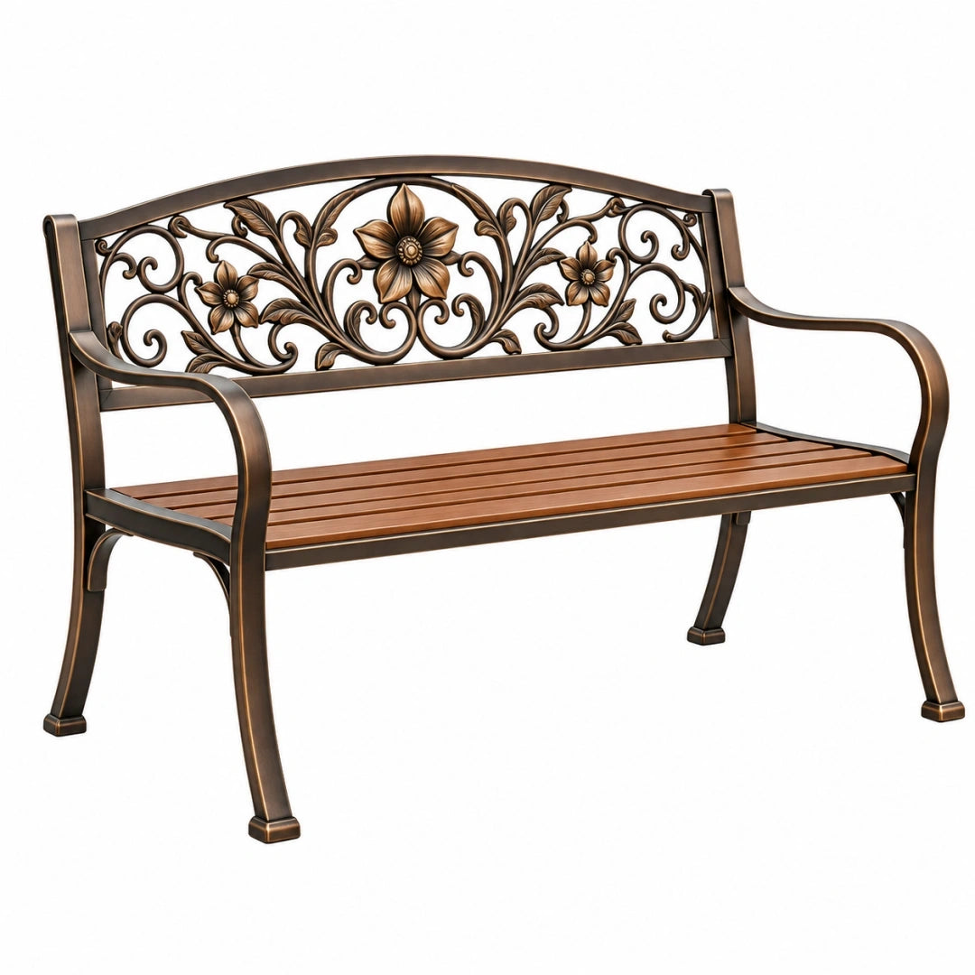 Banc de jardin 120 x 60 x 90 cm en métal brun style classique à motifs floraux