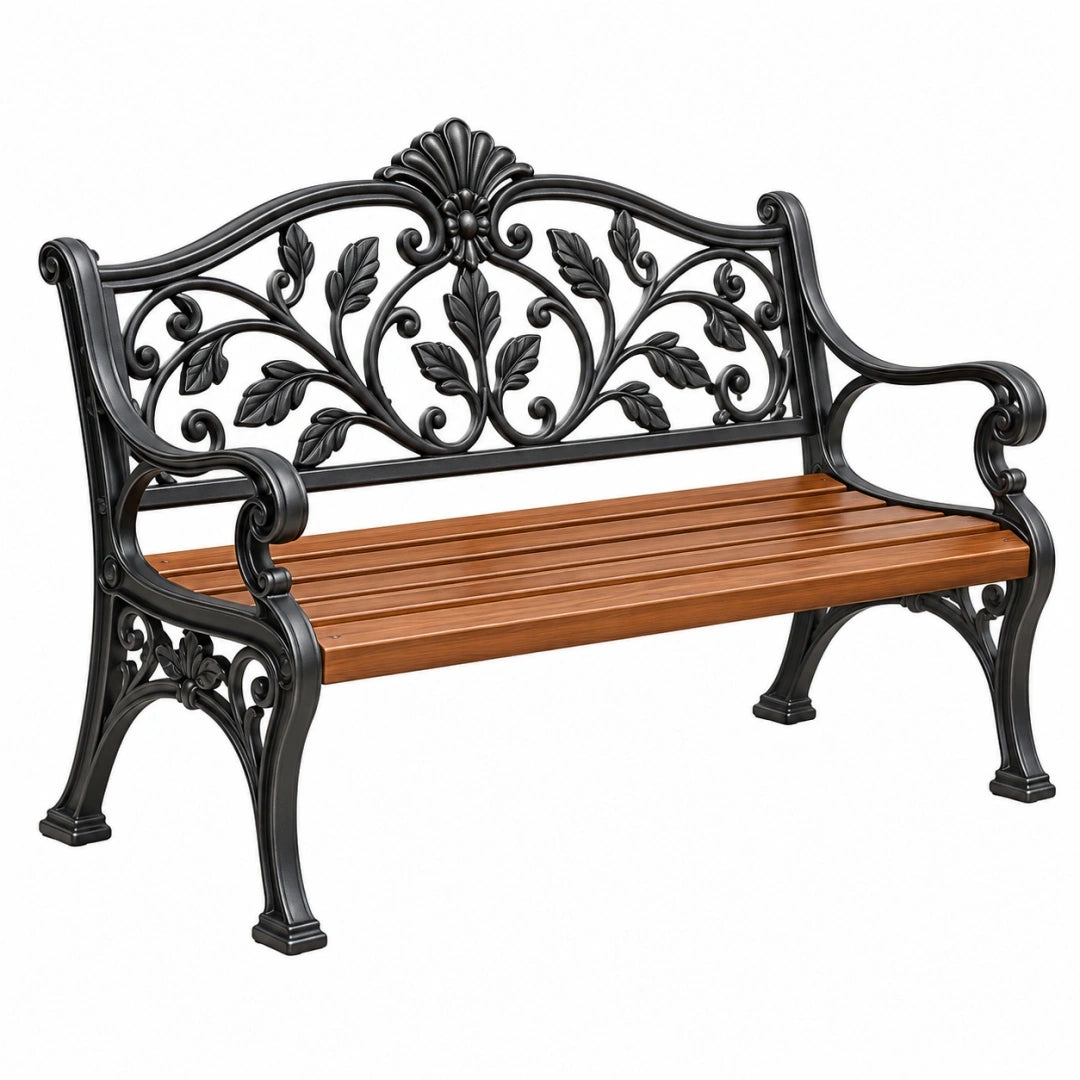 Banc de jardin 122 cm en métal noir et bois brun style classique